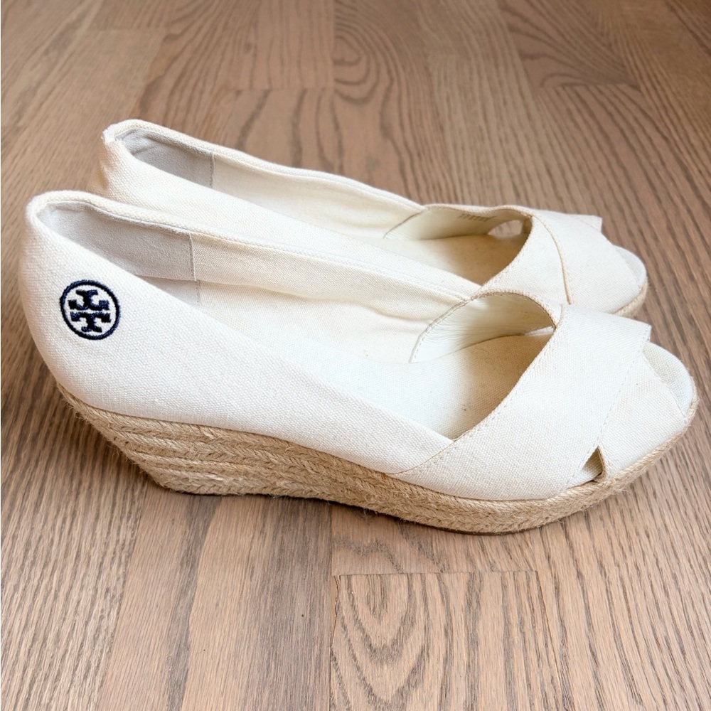 Tory Burch Cream Canvas Espadrille Wedge Peep-Toe